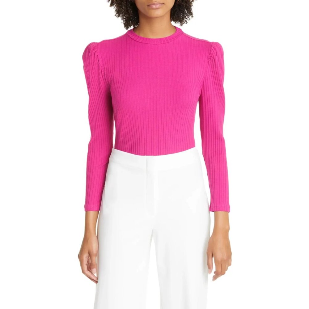 Farm Rio Rib Stretch Organic Cotton Puff Sleeve Pink Thong Bodysuit Preppy Boho